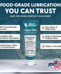 Pro Grade Food Safe Lubricant For Kitchen Gear And Food Contact Surfaces, 1oz Tube, shown with features and made in USA badge