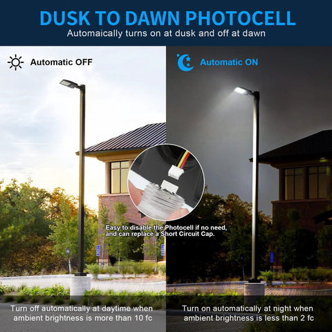 200W LED Parking Lot Light With Adjustable Slip Fitter, 28000LM 140LM Per Watt Shoebox Street Light illustrating dusk to dawn feature