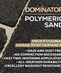 Close-up of polymeric sand with text highlighting features like durability and washout resistance.