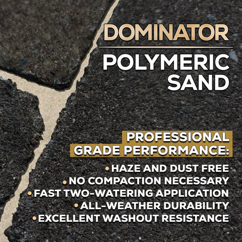 Close-up of polymeric sand with text highlighting features like durability and washout resistance.