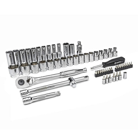 60-Piece 1/2 Inch Drive Metric Socket Set with 72-Tooth Ratchet, universal joint, and bits arranged on a surface.