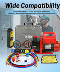 Pro Grade Vacuum Pump And Gauge Set With 4 Way Aluminum Manifold Leak Detector And PVC Storage Case For AC Maintenance Four Point Five CFM Pump Compatible With R22 R134A And R410A Refrigerants