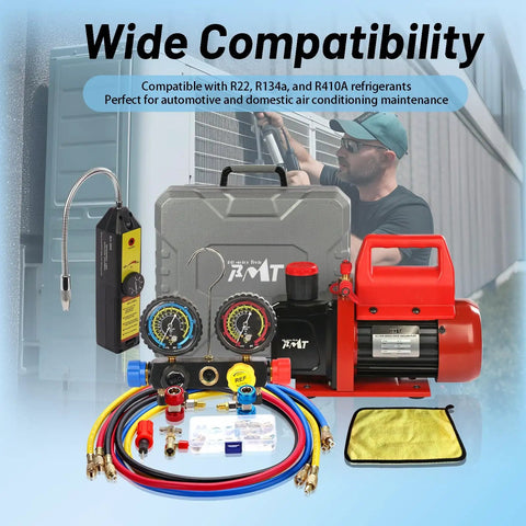 Pro Grade Vacuum Pump And Gauge Set With 4 Way Aluminum Manifold Leak Detector And PVC Storage Case For AC Maintenance Four Point Five CFM Pump Compatible With R22 R134A And R410A Refrigerants