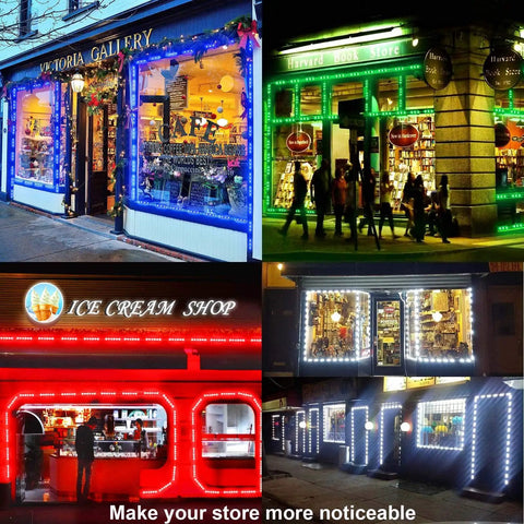Storefronts lit with 100 Pcs WS2811 RGB LED Modules 12V DC Waterproof IP65 SMD 5050 Dream Color IC With Adhesive Backing Stick On Cuttable Every 3 LEDs Easy Peel N Stick Storefront Lights No Controller