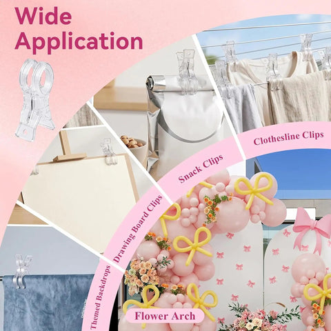 20 Pack Heavy Duty Balloon Arch Clips Three Point Five Inch Transparent Spring Clamps Pro Grade for multiple uses shown