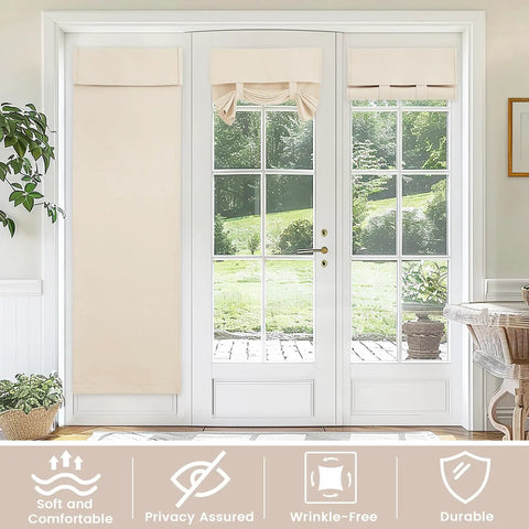 Sidelight Door Curtain Panel For Front Door With Privacy, Thermal Insulated Tie Up Shade, French Window Covering For Glass Or Patio, 1 Panel, W12 x L70, Light Beige, shown installed on glass doors.