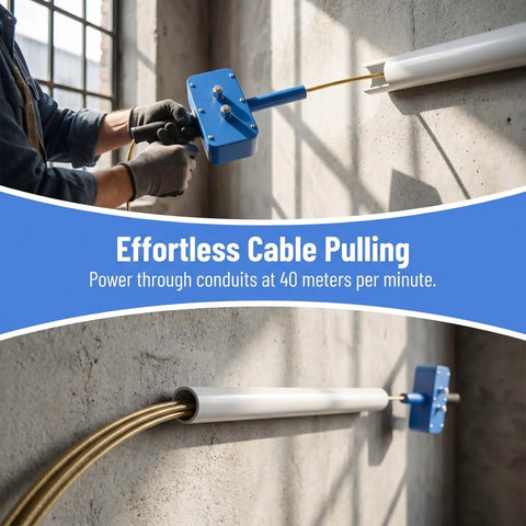 Pro Grade Power Drill Wire Puller With Heavy Duty Steel Body And Twenty Meter Fish Tape Included For Fast Track Conduit Threading No Sweat Cable Installation On Any Project Site, shown being used to pull cable through PVC conduit.