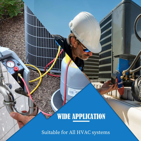 HVAC technician wearing a white hard hat inspecting outdoor air conditioner condenser with hoses