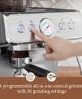 Automatic Espresso Machine With Grinder And 20 Bar Pressure Serves Up Straight Fire Lattes And Cappuccinos For Your Home Barista Gear showcasing control panel with 30 grind settings.