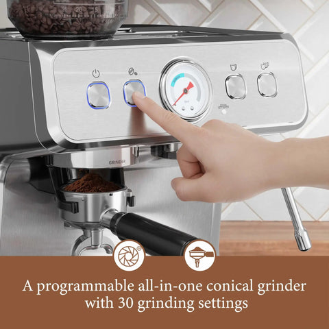 Automatic Espresso Machine With Grinder And 20 Bar Pressure Serves Up Straight Fire Lattes And Cappuccinos For Your Home Barista Gear showcasing control panel with 30 grind settings.