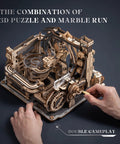 Hands assembling Dope 3D Puzzle Marble Run Kit For Adults Electric Spaceport LGC01 with 472 wooden pieces and gears visible.