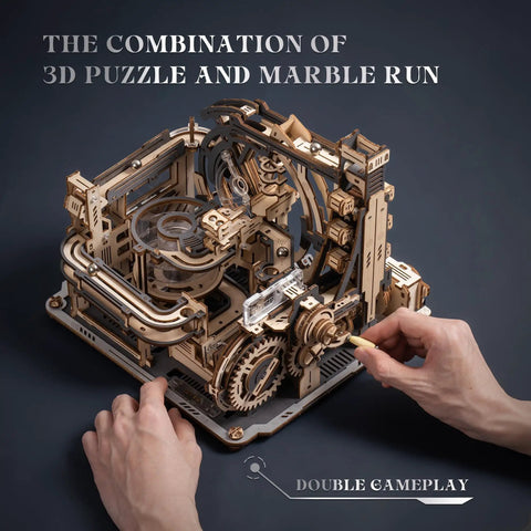 Hands assembling Dope 3D Puzzle Marble Run Kit For Adults Electric Spaceport LGC01 with 472 wooden pieces and gears visible.