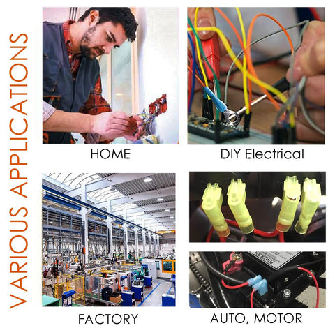 Collage showing various applications of the 100Pcs Nylon Flag Spade Female Insulated Terminals Kit 24 10 Gauge.