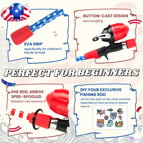 Kids Telescopic Fishing Pole Set With Spincast Reel Net Bucket Tackle Box And Travel Bag Portable Starter Kit For Boys And Girls Patriotic American Flag Theme Perfect 4th Of July Gift For Youth layout.
