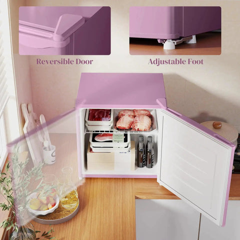 Slick 1.1 Cu Ft Compact Countertop Upright Freezer Featuring Smooth Temperature Dial And Handy Removable Shelf In Vibrant Pink with reversible door.