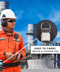 Portable 4 In 1 Gas Detector Monitor With Digital LCD Display attached to a worker's belt in an industrial plant