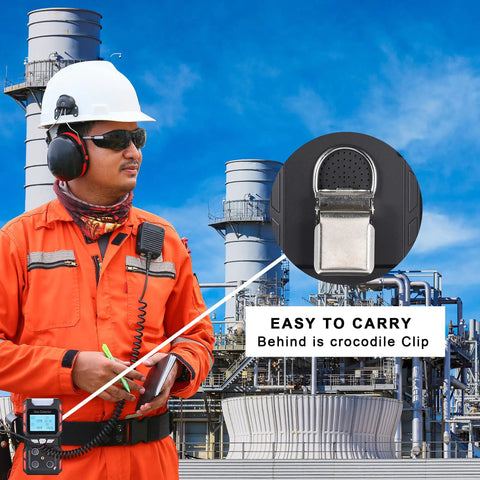 Portable 4 In 1 Gas Detector Monitor With Digital LCD Display attached to a worker's belt in an industrial plant