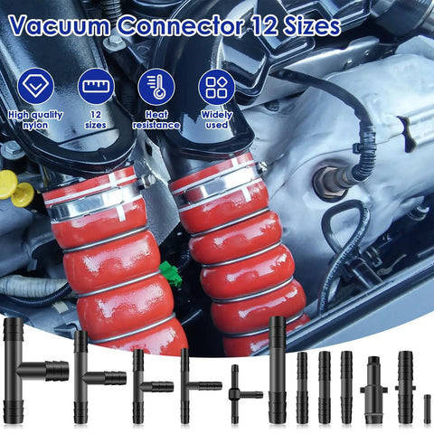 Premium 128 Piece Nylon Vacuum Connector Assortment Kit With 12 Different Sizes For Cars And Ships Featuring Super Heat Resistant Up To 240 C Black Fittings Perfect For Any Auto Repair Or Maintenance Project You Need, engine bay view