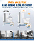 Before and after comparison of Top Shelf Toilet Flange Repair Kit With Extra Thick One Point Five Seven Inch Wax Ring showing leak issues.