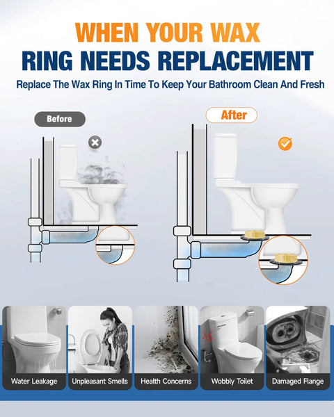 Before and after comparison of Top Shelf Toilet Flange Repair Kit With Extra Thick One Point Five Seven Inch Wax Ring showing leak issues.