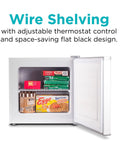 Compact Upright Freezer One Point Two Cubic Feet Portable Chill Station with wire shelving and snacks inside.