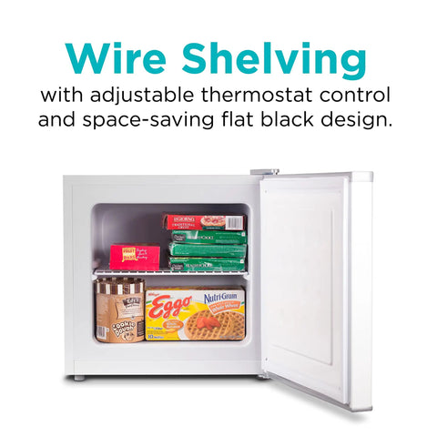Compact Upright Freezer One Point Two Cubic Feet Portable Chill Station with wire shelving and snacks inside.
