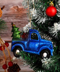 Blue Vintage Iron Christmas Truck Ornament For Christmas Tree, Rustic Farmhouse Style Hangable Pendant Decor, Small Vintage Pickup Ornament Hauling A Festive Tree Dope Holiday Decor