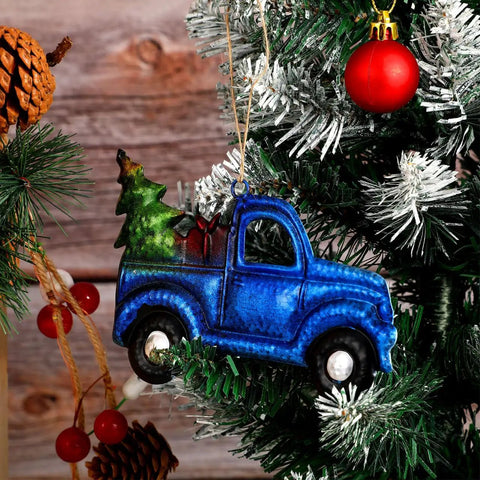 Blue Vintage Iron Christmas Truck Ornament For Christmas Tree, Rustic Farmhouse Style Hangable Pendant Decor, Small Vintage Pickup Ornament Hauling A Festive Tree Dope Holiday Decor