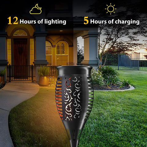 12 Pack Tiki Torch Lights With Flickering Flame Effect for Garden Pathway, waterproof solar LED yard light, house background