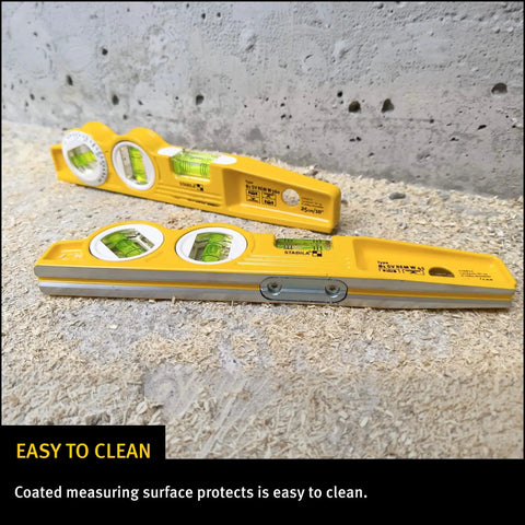 Die Cast Three Vial Torpedo Level With 1 Percent And 2 Percent Slope Rings, Vertical Plumb Vial, And 45 Degree Vial on a wood surface