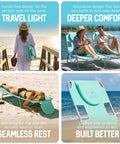 Collage of teal open face chaise lounge with focus on portability, comfort, and outdoor use at beach and poolside relaxation.