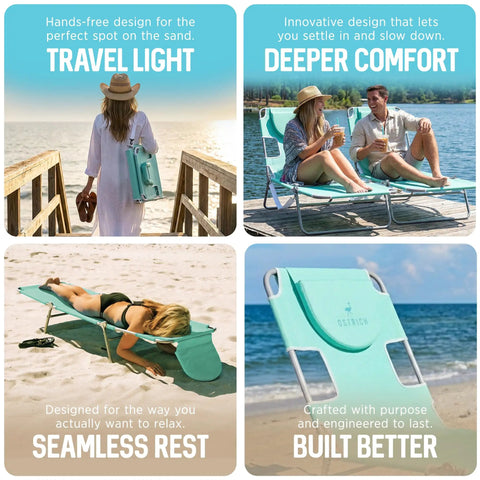 Collage of teal open face chaise lounge with focus on portability, comfort, and outdoor use at beach and poolside relaxation.