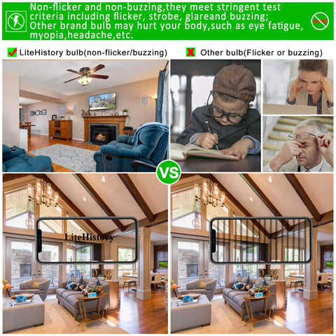 Comparison of room lighting with Smooth Dimmable E26 LED Bulbs 6W 60W Equivalent Vintage Edison Style A15 Clear Glass versus conventional bulbs.