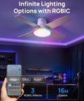 44 Inch Flush Mount Ceiling Fan With Bright Lights, Smart App And Remote Control, Slick Rgbic Mood Lighting in a contemporary room setting.