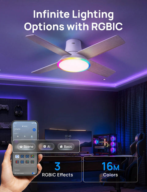 44 Inch Flush Mount Ceiling Fan With Bright Lights, Smart App And Remote Control, Slick Rgbic Mood Lighting in a contemporary room setting.