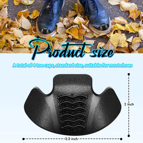 Four Pack Rubber Toe Protectors For Work Boots Black Heavy Duty Toe Guards Shoe Caps For Construction Hiking And Climbing Protect Your Boots And Toes In Spring And Outdoor Use, displayed with measurement details.