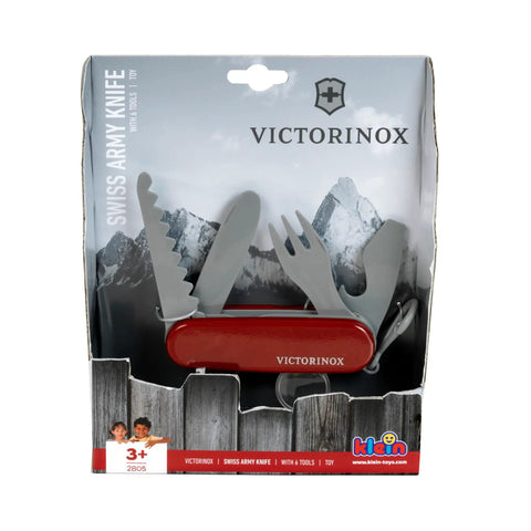 Kids Pocket Knife Toy 4.4 Inch VX Red Swiss Army Style Pretend Tool in packaging with multiple tools for young adventurers.