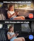 Child using a tablet in car with and without Baby Car Window Shades 2 Pack With Dual Mode Zipper And 100 Percent UV Block Sunlight Protection.