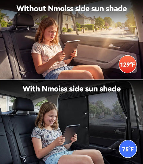 Child using a tablet in car with and without Baby Car Window Shades 2 Pack With Dual Mode Zipper And 100 Percent UV Block Sunlight Protection.