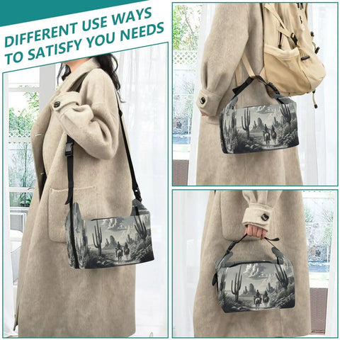 Cowboy Desert Inspired Insulated Lunch Bag With Horse Ride Design carried by person, showing versatility and style
