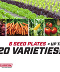 Garden Push Seeder Planter With Six Seed Plates For Up To Twenty Seed Varieties showing vegetables and text "6 seed plates = up to 20 varieties!"