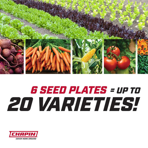 Garden Push Seeder Planter With Six Seed Plates For Up To Twenty Seed Varieties showing vegetables and text "6 seed plates = up to 20 varieties!"