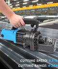 Heavy Duty 7/8 Inch Electric Hydraulic Rebar Cutter With Lightning Fast 3.5 To 4.5 Second Cutting Speed For Smooth Steel Bar Trimming And Precision Construction Work Right In The Field in use on a work surface.