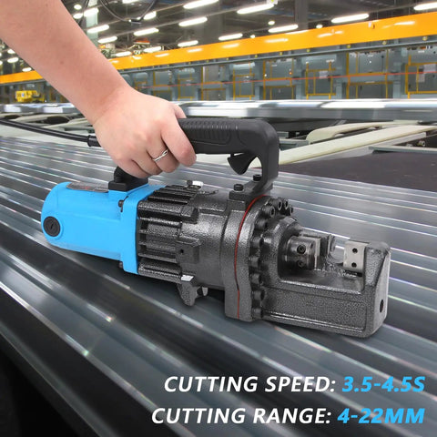 Heavy Duty 7/8 Inch Electric Hydraulic Rebar Cutter With Lightning Fast 3.5 To 4.5 Second Cutting Speed For Smooth Steel Bar Trimming And Precision Construction Work Right In The Field in use on a work surface.