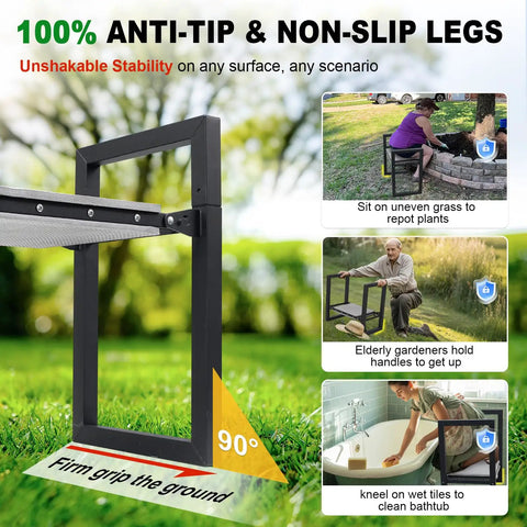 Heavy Duty Garden Kneeler And Seat With No Slip Anti Tip Stability shown on various surfaces with ergonomic handles and cushioned pads.