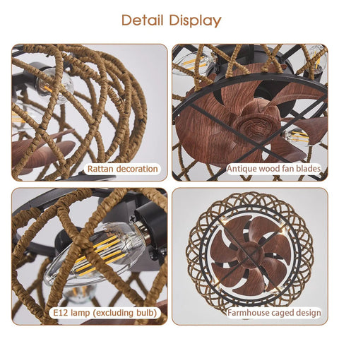 Rattan decoration and antique wood fan blades on caged ceiling fan with lights for farmhouse vibe, low profile flush mount