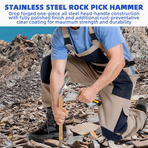 Person using Geology Rock Pick Hammer Kit With 32oz Hammer And 3 Digging Chisels For Rock Hounding Gold Mining And Prospecting Gear