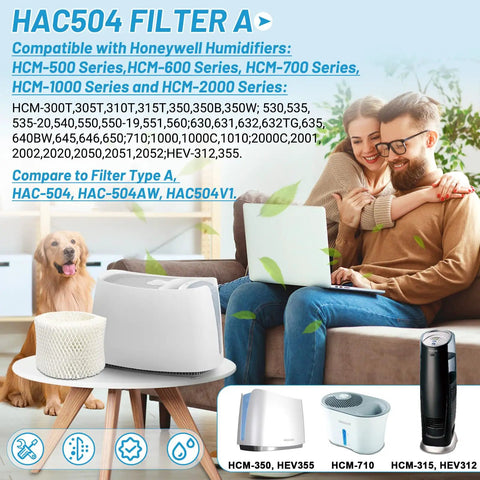 Six Pack HAC504 Humidifier Filters For Honeywell Humidifiers Compatible With HAC504 And HCM Series on table beside family