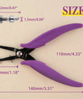 1.5mm Round Hole Punch Pliers For Soft Sheet Metal with purple ergonomic handles and long jaws for jewelry making, dimensions shown.