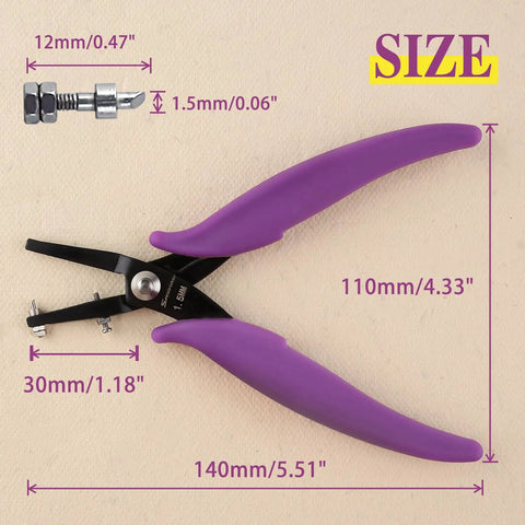 1.5mm Round Hole Punch Pliers For Soft Sheet Metal with purple ergonomic handles and long jaws for jewelry making, dimensions shown.